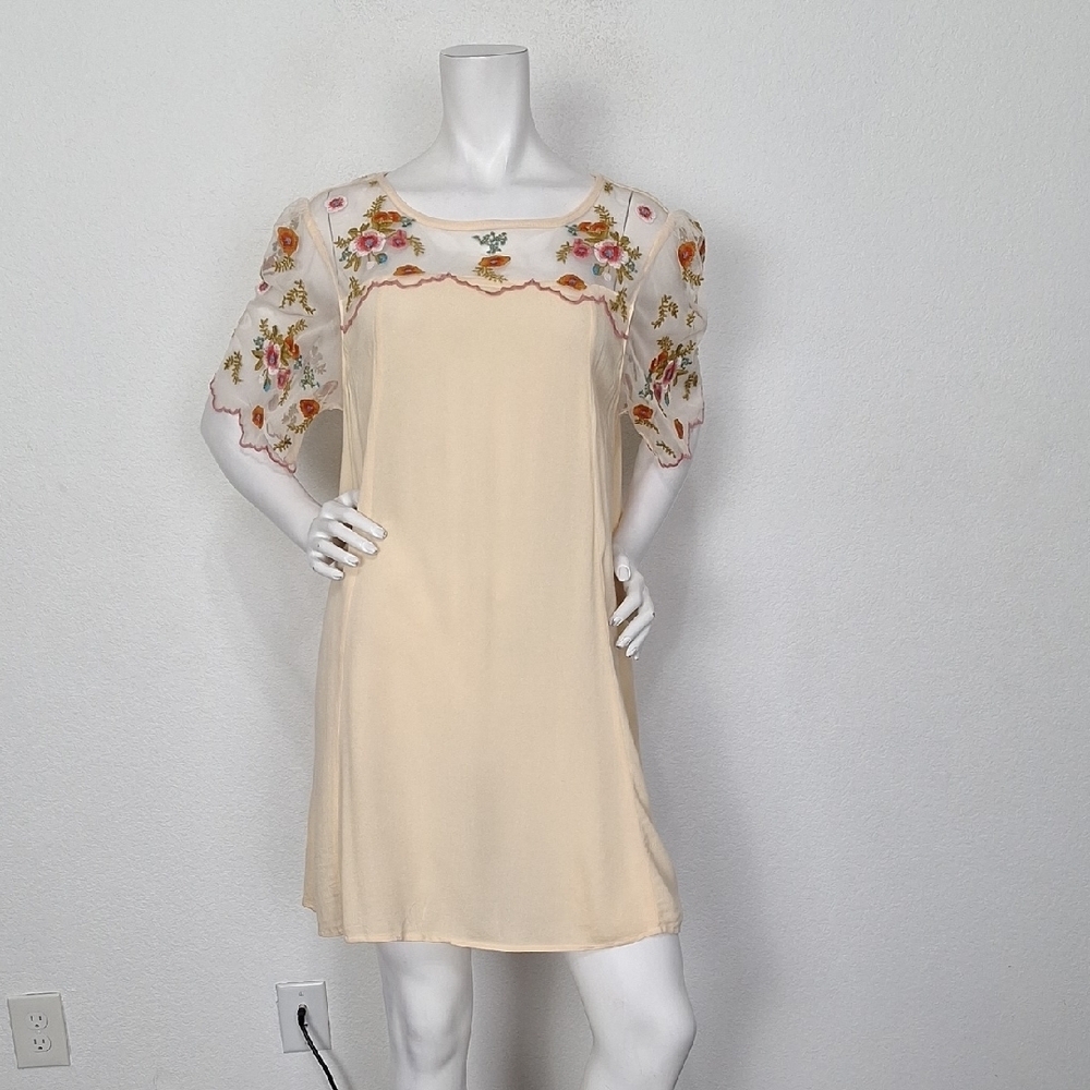 Bluheaven Beige Floral Romantic Fairycore Short Sleeve Babydoll Dress Size L